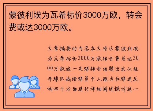 蒙彼利埃为瓦希标价3000万欧，转会费或达3000万欧。